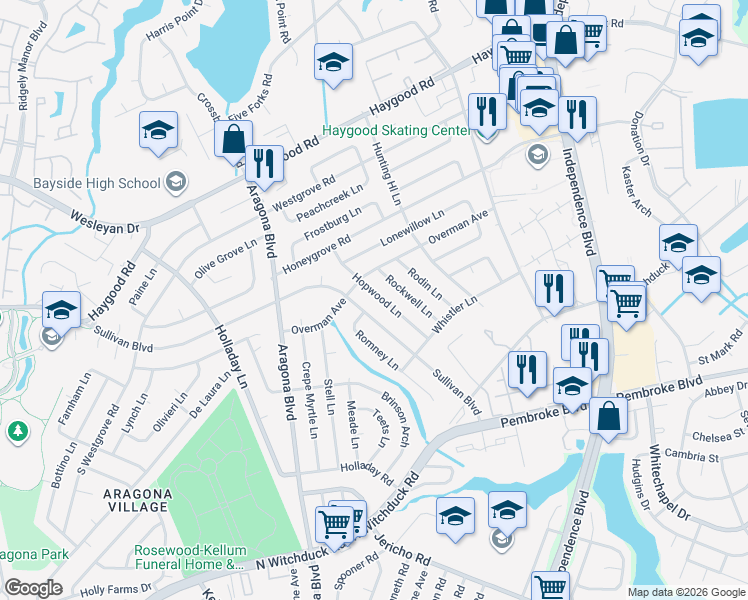 map of restaurants, bars, coffee shops, grocery stores, and more near 869 Hopwood Lane in Virginia Beach