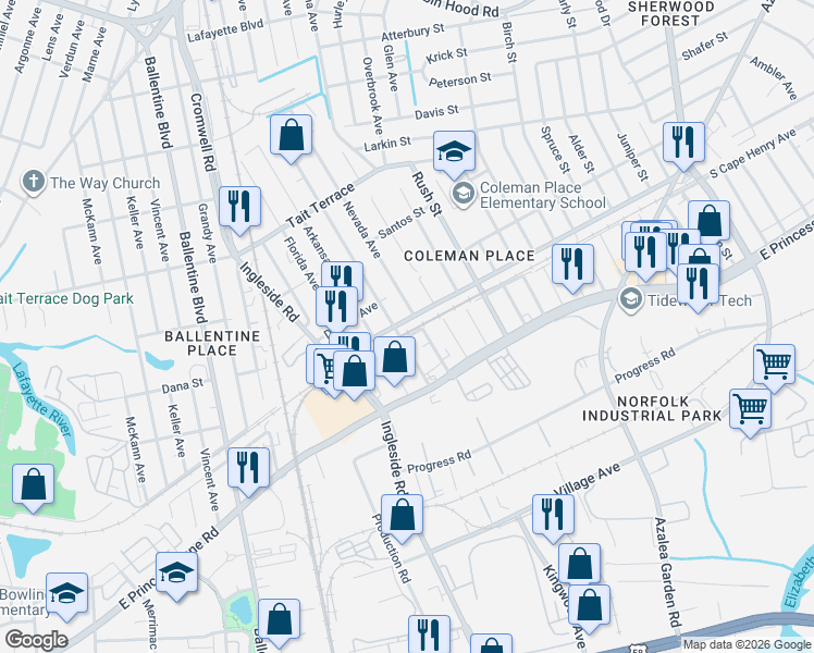 map of restaurants, bars, coffee shops, grocery stores, and more near 3501 Cape Henry Avenue in Norfolk