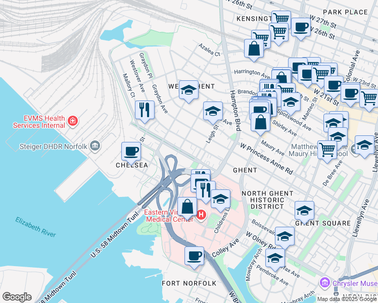 map of restaurants, bars, coffee shops, grocery stores, and more near 1031 Redgate Avenue in Norfolk