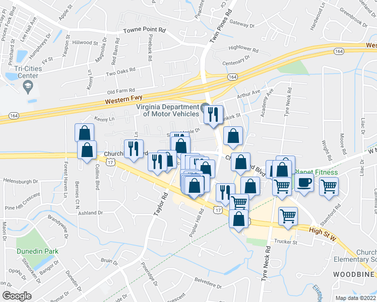 map of restaurants, bars, coffee shops, grocery stores, and more near 3005 Churchland Boulevard in Chesapeake