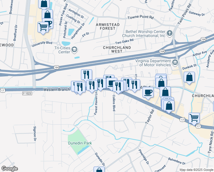 map of restaurants, bars, coffee shops, grocery stores, and more near 3282 Western Branch Boulevard in Chesapeake