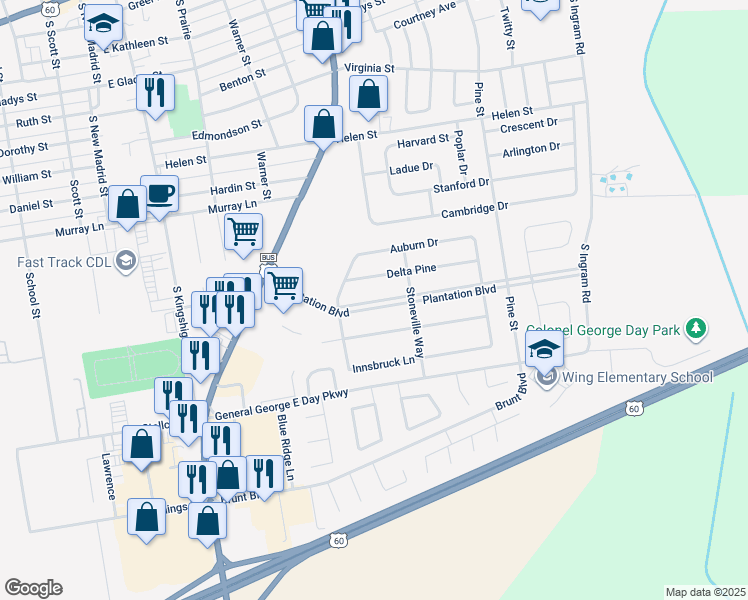 map of restaurants, bars, coffee shops, grocery stores, and more near 805B Plantation Boulevard in Sikeston