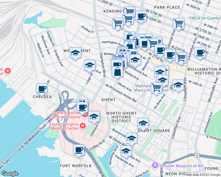 map of restaurants, bars, coffee shops, grocery stores, and more near 1115 Colley Avenue in Norfolk