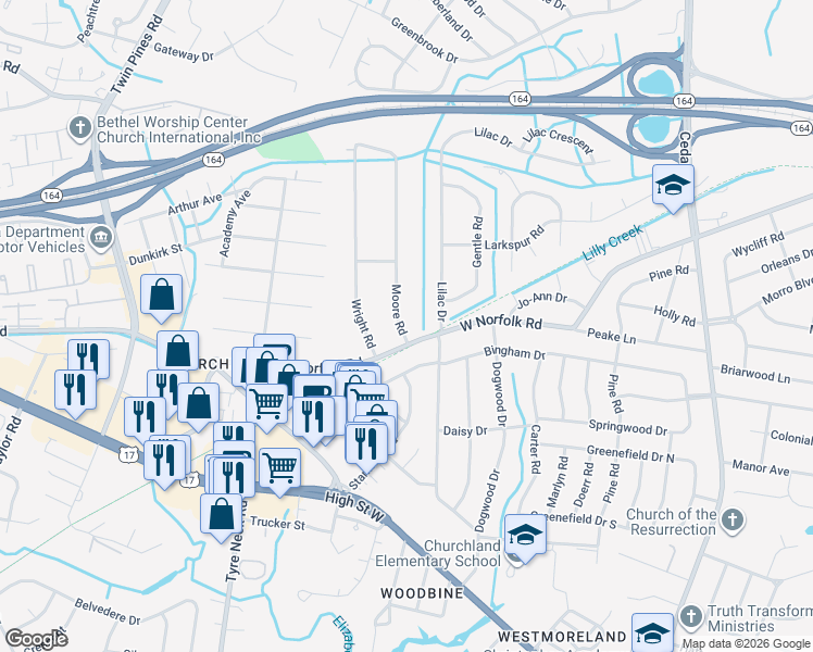 map of restaurants, bars, coffee shops, grocery stores, and more near 5608 West Norfolk Road in Portsmouth