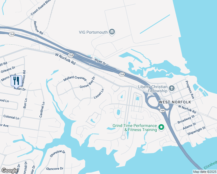 map of restaurants, bars, coffee shops, grocery stores, and more near 3709 Bittern Court in Portsmouth