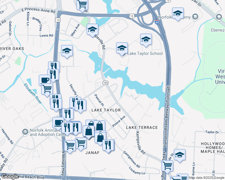 map of restaurants, bars, coffee shops, grocery stores, and more near 1276 Kempsville Road in Norfolk