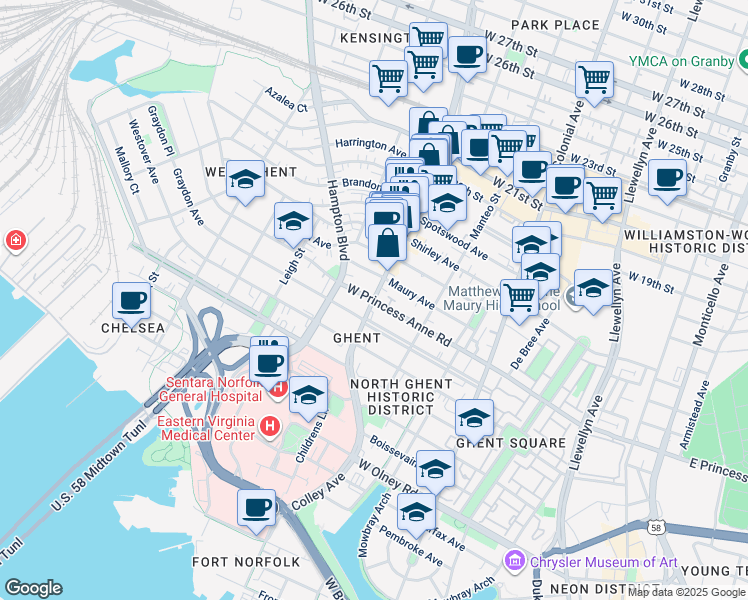 map of restaurants, bars, coffee shops, grocery stores, and more near Colley Ave & W Princess Anne Rd in Norfolk
