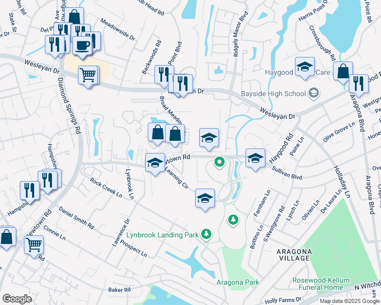 map of restaurants, bars, coffee shops, grocery stores, and more near 951 Newtown Road in Virginia Beach