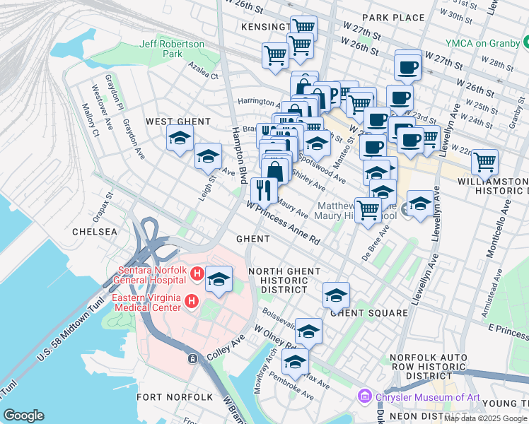 map of restaurants, bars, coffee shops, grocery stores, and more near 800 W Princess Anne Rd in Norfolk