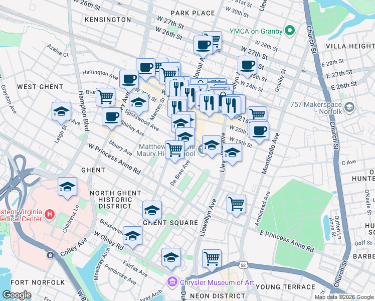 map of restaurants, bars, coffee shops, grocery stores, and more near 1368 De Bree Avenue in Norfolk