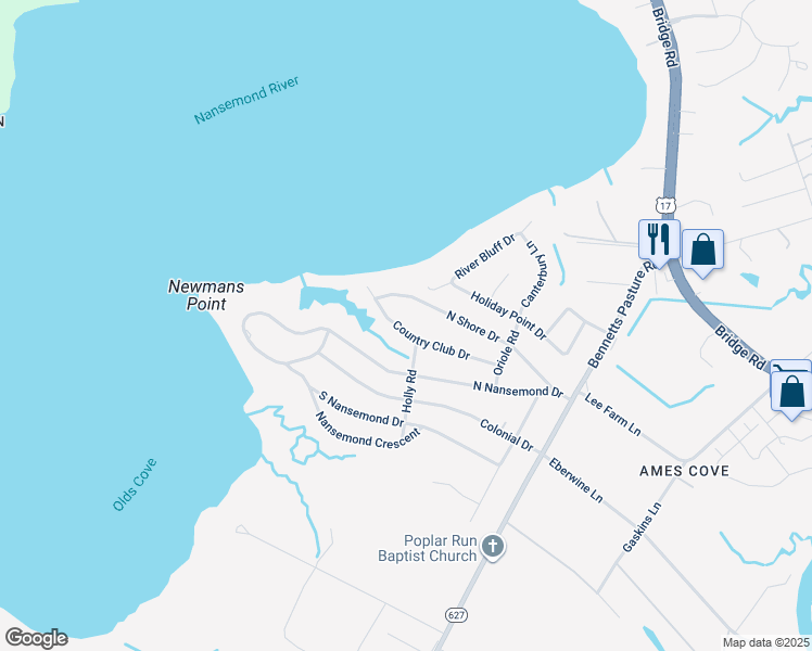 map of restaurants, bars, coffee shops, grocery stores, and more near 2728 Country Club Drive in Suffolk