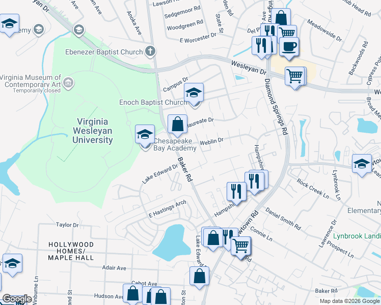 map of restaurants, bars, coffee shops, grocery stores, and more near 741 Gourmet Way in Virginia Beach