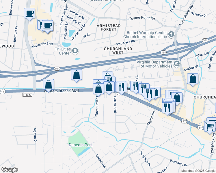 map of restaurants, bars, coffee shops, grocery stores, and more near 3282 Western Branch Boulevard in Chesapeake