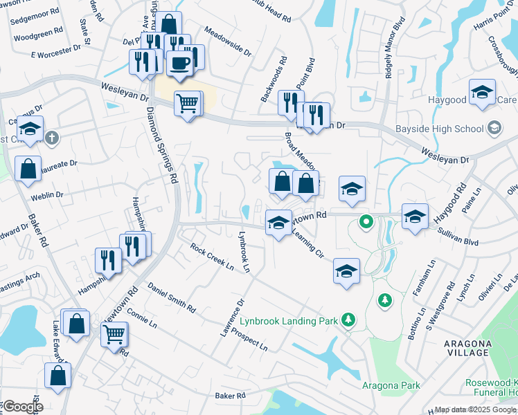 map of restaurants, bars, coffee shops, grocery stores, and more near 865 Newtown Road in Virginia Beach