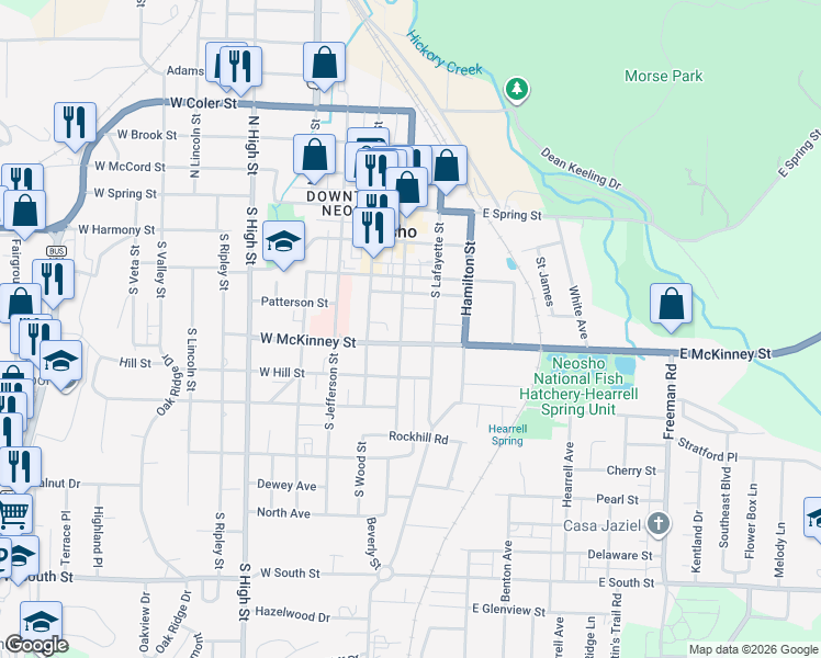 map of restaurants, bars, coffee shops, grocery stores, and more near 220 East McKinney Street in Neosho
