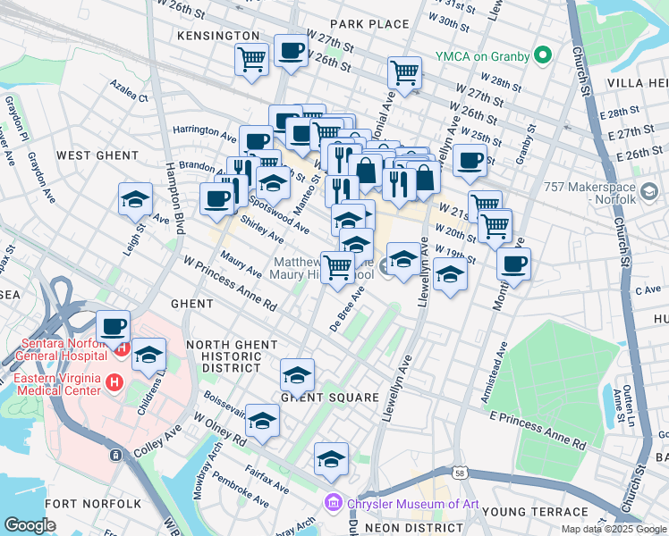 map of restaurants, bars, coffee shops, grocery stores, and more near 1506 Colonial Avenue in Norfolk