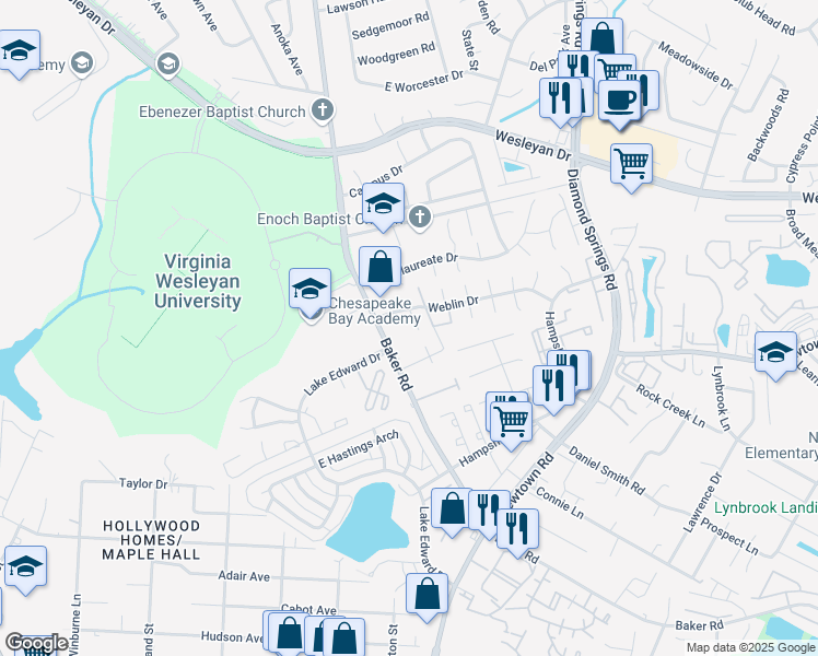 map of restaurants, bars, coffee shops, grocery stores, and more near 809 Hampstead Court in Virginia Beach