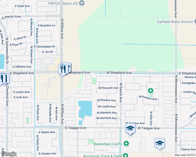map of restaurants, bars, coffee shops, grocery stores, and more near 571 West Everglade Avenue in Clovis