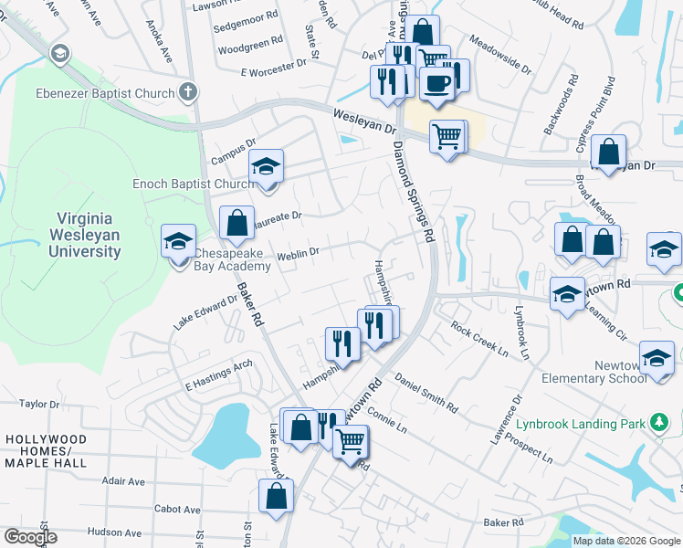 map of restaurants, bars, coffee shops, grocery stores, and more near 5615 Dodington Court in Virginia Beach