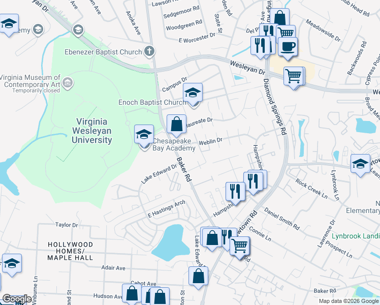 map of restaurants, bars, coffee shops, grocery stores, and more near 741 Gourmet Way in Virginia Beach