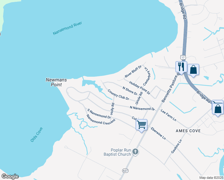 map of restaurants, bars, coffee shops, grocery stores, and more near 2728 Country Club Drive in Suffolk