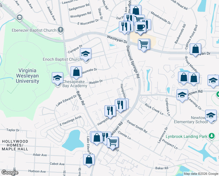map of restaurants, bars, coffee shops, grocery stores, and more near 5615 Dodington Court in Virginia Beach