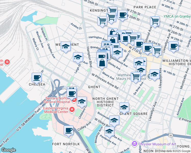 map of restaurants, bars, coffee shops, grocery stores, and more near 809 West Princess Anne Road in Norfolk