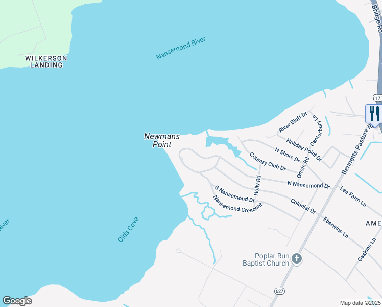 map of restaurants, bars, coffee shops, grocery stores, and more near 2613 North Nansemond Drive in Suffolk