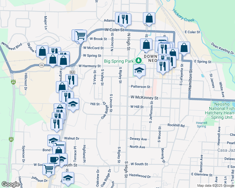 map of restaurants, bars, coffee shops, grocery stores, and more near 406 South High Street in Neosho