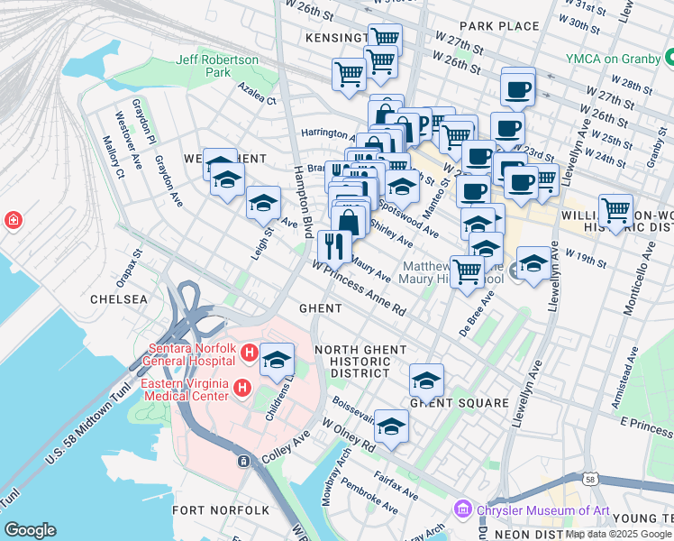 map of restaurants, bars, coffee shops, grocery stores, and more near 800 West Princess Anne Road in Norfolk