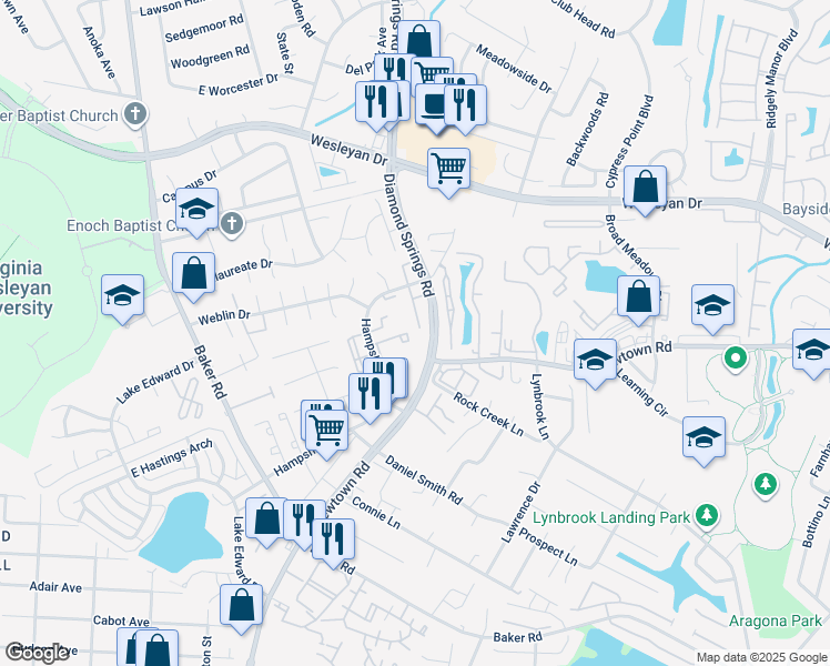map of restaurants, bars, coffee shops, grocery stores, and more near 705 Gemstone Lane in Virginia Beach