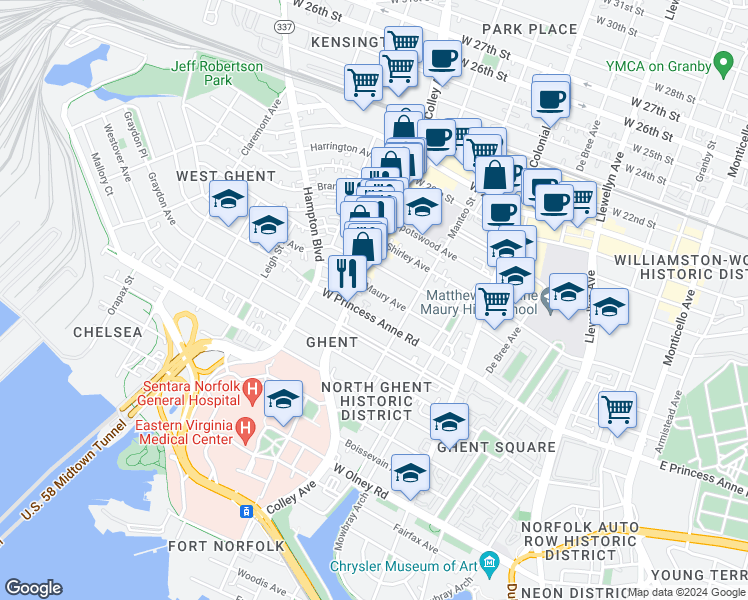 map of restaurants, bars, coffee shops, grocery stores, and more near 731 Maury Avenue in Norfolk