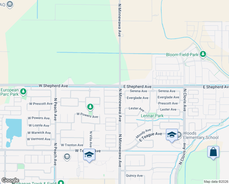 map of restaurants, bars, coffee shops, grocery stores, and more near 43 West Everglade Avenue in Clovis