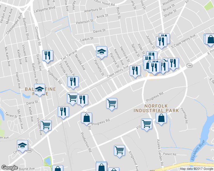 map of restaurants, bars, coffee shops, grocery stores, and more near 1533 Palmetto Street in Norfolk
