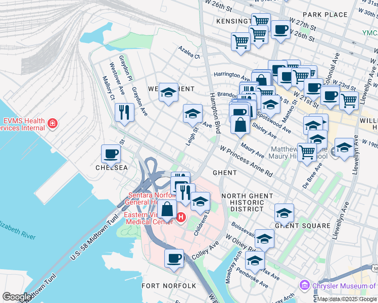 map of restaurants, bars, coffee shops, grocery stores, and more near 938 Westover Avenue in Norfolk