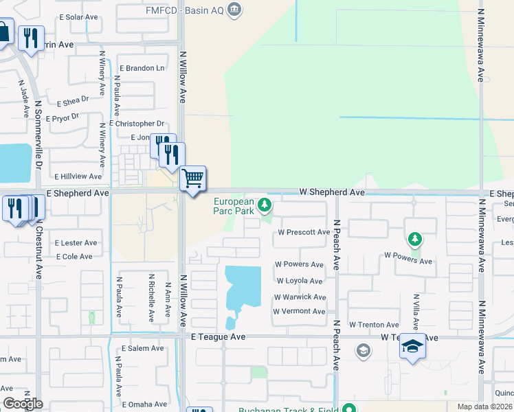 map of restaurants, bars, coffee shops, grocery stores, and more near 627 West Milano Lane in Clovis