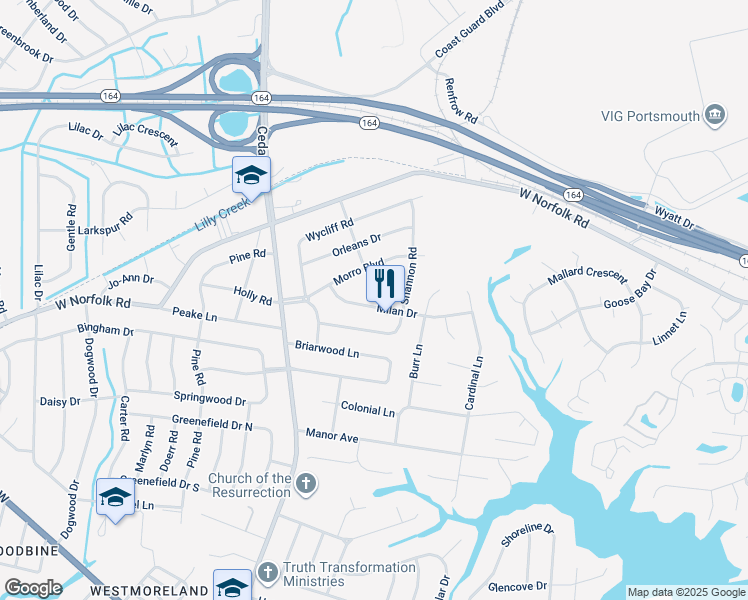 map of restaurants, bars, coffee shops, grocery stores, and more near 3800 Westcott Road in Portsmouth
