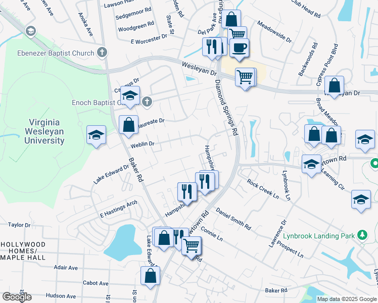 map of restaurants, bars, coffee shops, grocery stores, and more near 5604 Dodington Court in Virginia Beach