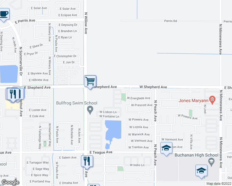 map of restaurants, bars, coffee shops, grocery stores, and more near 639 West Venice Lane in Clovis