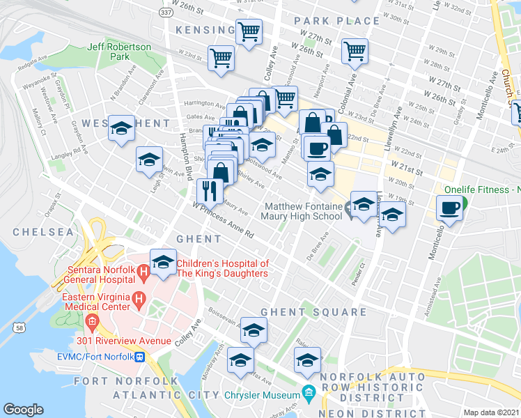 map of restaurants, bars, coffee shops, grocery stores, and more near 622 Maury Avenue in Norfolk
