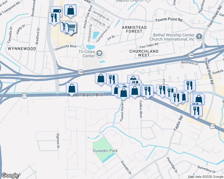 map of restaurants, bars, coffee shops, grocery stores, and more near 3356 Western Branch Boulevard in Chesapeake