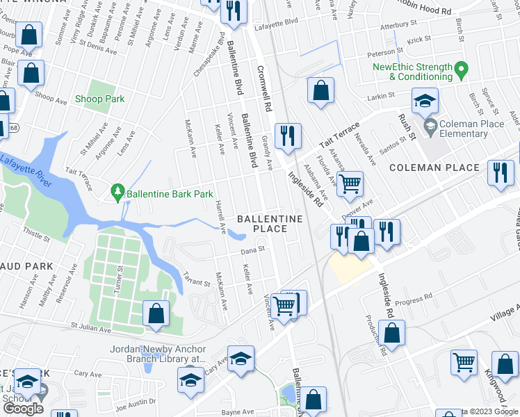 map of restaurants, bars, coffee shops, grocery stores, and more near 3034a Mclemore Street in Norfolk