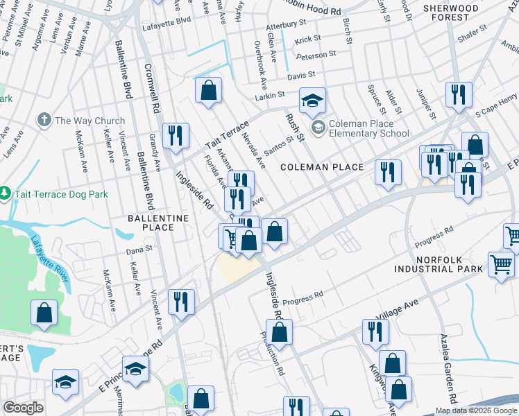 map of restaurants, bars, coffee shops, grocery stores, and more near 2304 Florida Avenue in Norfolk