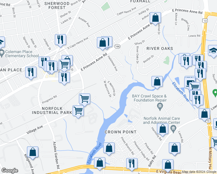 map of restaurants, bars, coffee shops, grocery stores, and more near 1344 West Norcova Drive in Norfolk