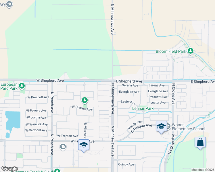 map of restaurants, bars, coffee shops, grocery stores, and more near 43 West Everglade Avenue in Clovis