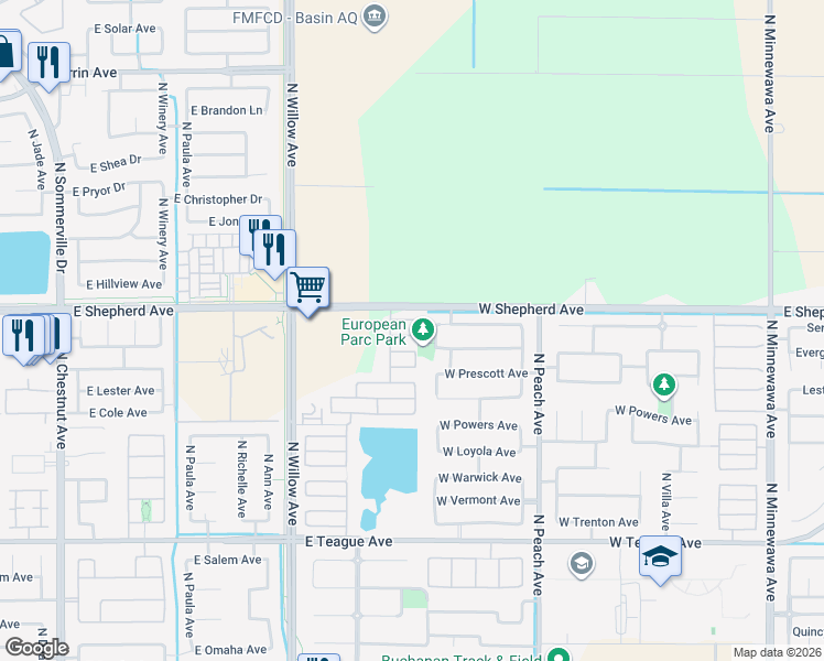 map of restaurants, bars, coffee shops, grocery stores, and more near 627 West Milano Lane in Clovis