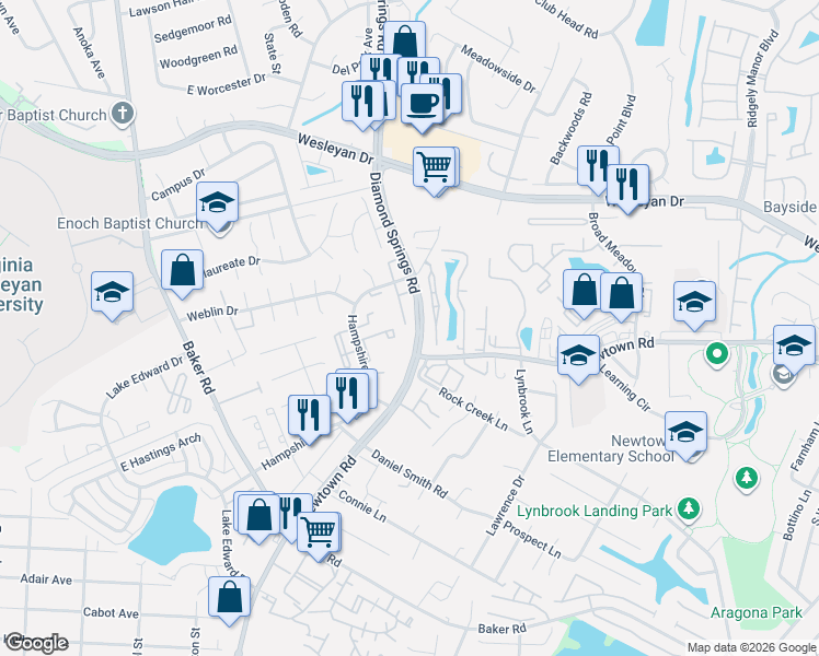 map of restaurants, bars, coffee shops, grocery stores, and more near 825 Gas Light Lane in Virginia Beach