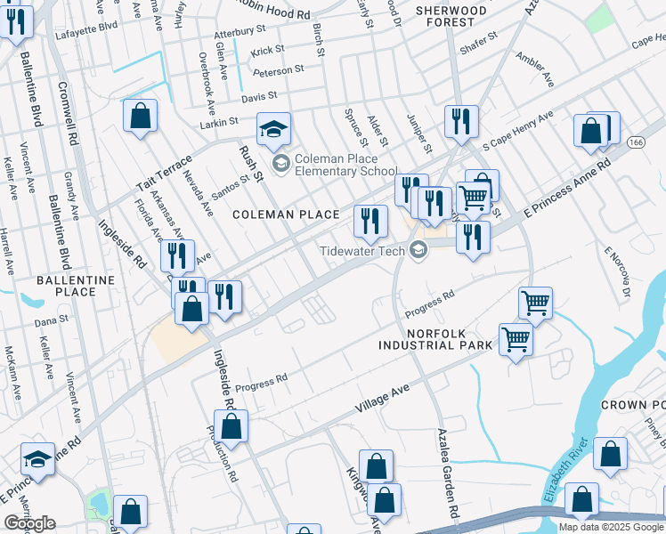 map of restaurants, bars, coffee shops, grocery stores, and more near 3740 East Princess Anne Road in Norfolk