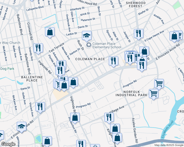 map of restaurants, bars, coffee shops, grocery stores, and more near 1519 Palmetto Street in Norfolk