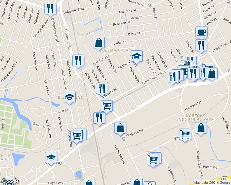 map of restaurants, bars, coffee shops, grocery stores, and more near 2304 Florida Avenue in Norfolk